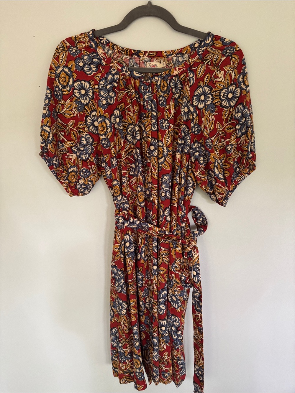 Faherty Red Floral Tie-Waist Dress with Navy and Cream Accents